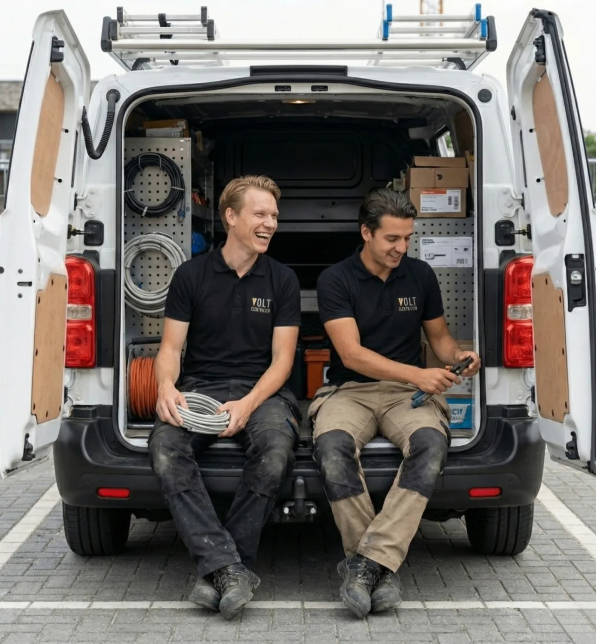 Mark en Roberto van Volt Elektricien staan bij hun bedrijfsbus, klaar voor service in Amsterdam en omgeving